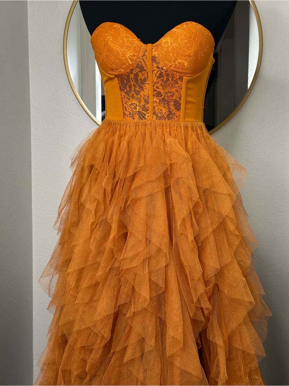 Girls Orange Lace Bodice Ruffle Tulle Dress